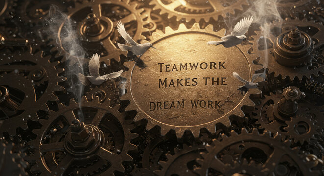 Teamwork Soaring Gears Dreamwork - Symbolizing collaboration, innovation, success, freedom, and aspiration through meshing gears and birds. Teamwork makes the dream work