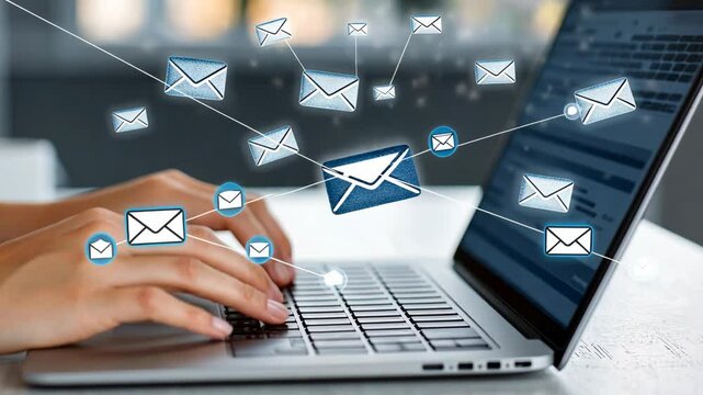 User types on a laptop as virtual envelopes symbolize the flow of messages during a productive work session