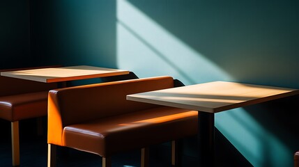 Interior cafe setting bathed in warm sunlight.