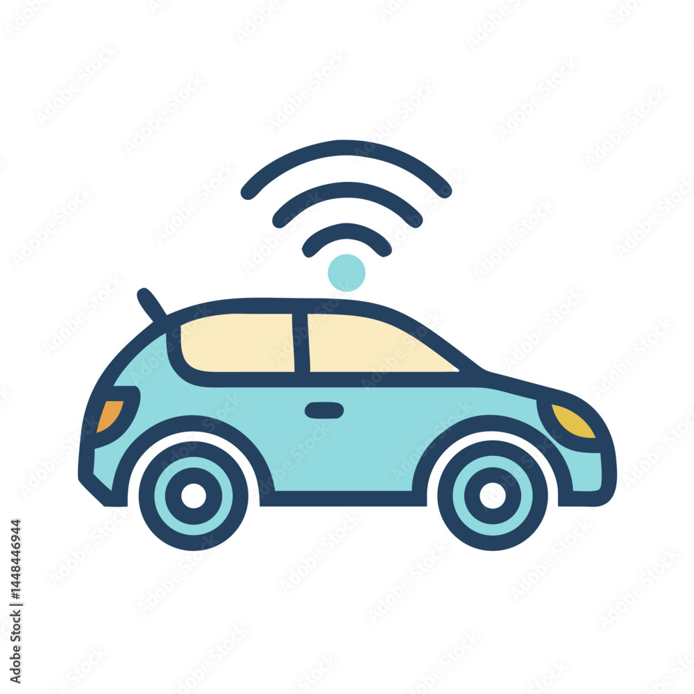 Poster Smart Car with Signal Waves Icon Representing Autonomous Driving and Vehicle Connectivity