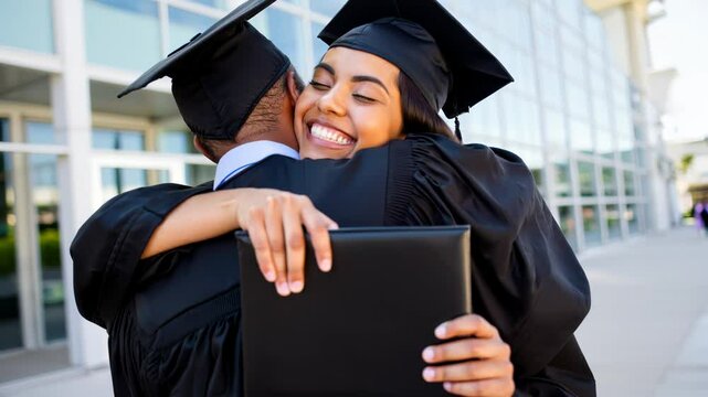 Excited graduates wearing cap and gown hugs other holding diploma celebrating achievement and success.