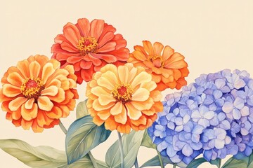 Vibrant floral illustration of zinnias and hydrangeas.