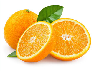 Fototapeta premium A whole orange with attached green leaves and three sliced pieces, highlighting its vibrant color, juicy texture, and fresh, natural appeal against a clean white backdrop. 