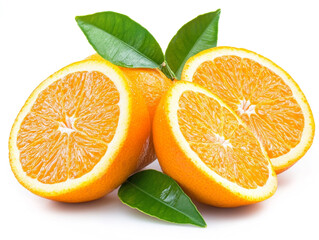 Fototapeta premium A whole orange with attached green leaves and three sliced pieces, highlighting its vibrant color, juicy texture, and fresh, natural appeal against a clean white backdrop. 