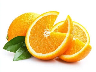 Fototapeta premium A whole orange with attached green leaves and three sliced pieces, highlighting its vibrant color, juicy texture, and fresh, natural appeal against a clean white backdrop. 