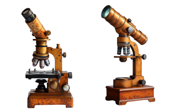 vintage brass microscope, transparent background