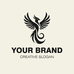 Phoenix bird, minimalistic logo, monochrome vector illustration isolated on light background.