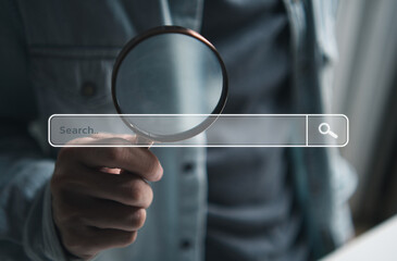 Search data and SEO technology, Hand holding magnifying glass searching for information on the website. Online networking system, Using Search Console with website