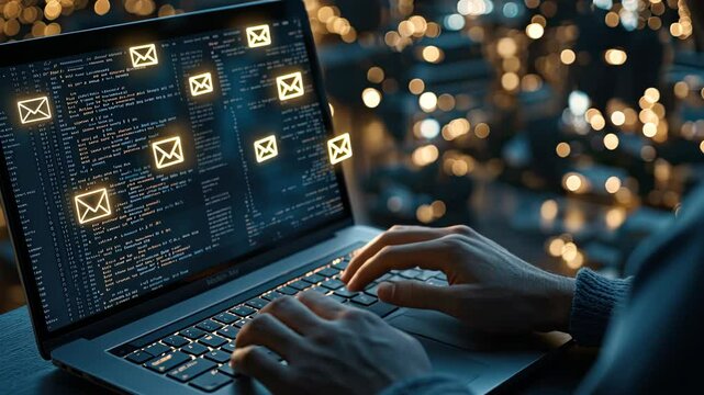 A person is focused on typing code while illuminated email notifications pop up on the laptop screen during the night