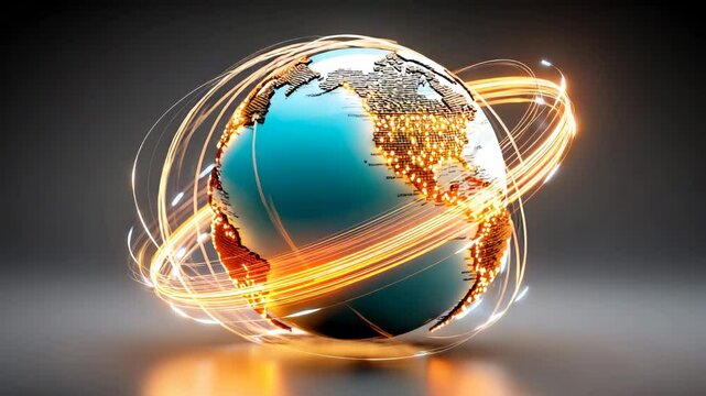 global network technology connection concept, glowing golden light trails orbiting around 3d earth planet for business communication digital data transfer worldwide internet background