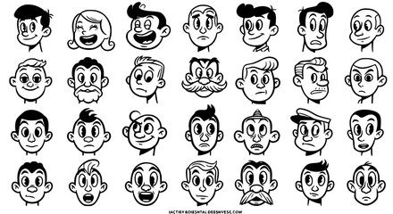 28 Retro Cartoon Faces Black and White Clipart Vintage Style Heads Exp