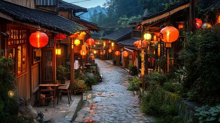Obraz premium Majestic Chinese temple with red lanterns glowing under evening sky high resolution picture