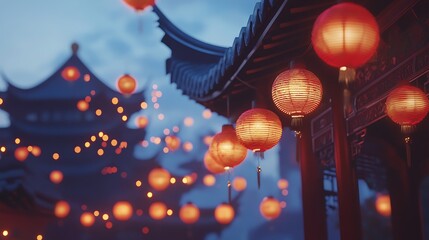 Peaceful Chinese temple with red lanterns glowing in evening sky high resolution picture