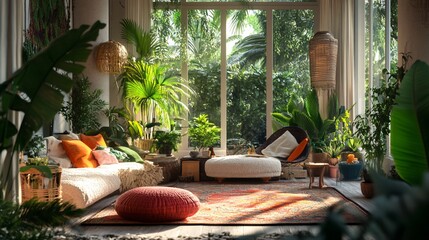 Fototapeta premium Tropical interior design, featuring a relaxing lounge area.