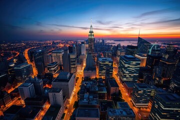 Fototapeta premium Manhattan Skyline: Dusk's Embrace, City Lights Glow