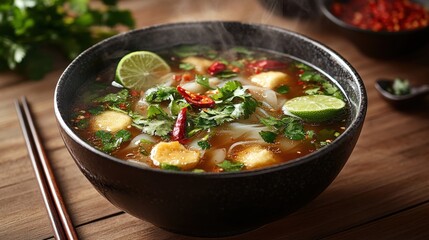 Pho with fresh herbs, lime, and chili on wooden table
