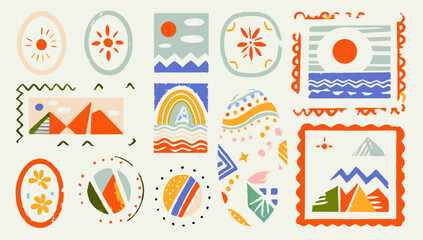 set of retro nature landscape post card stamp  vin.eps