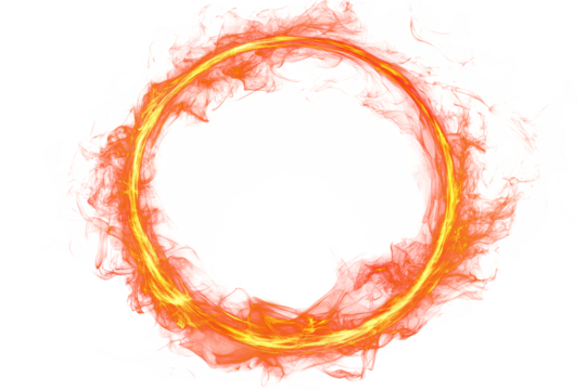 Translucent ring of fire flame on transparent background. Circle of orange fire. Flame forms a round frame. Design element. Modern style. Minimalism