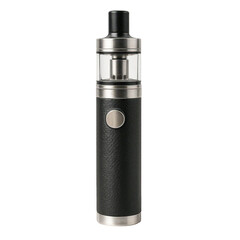 Contemporary electronic personal vaporizing device with black textured body, silver accents, clear glass tank.