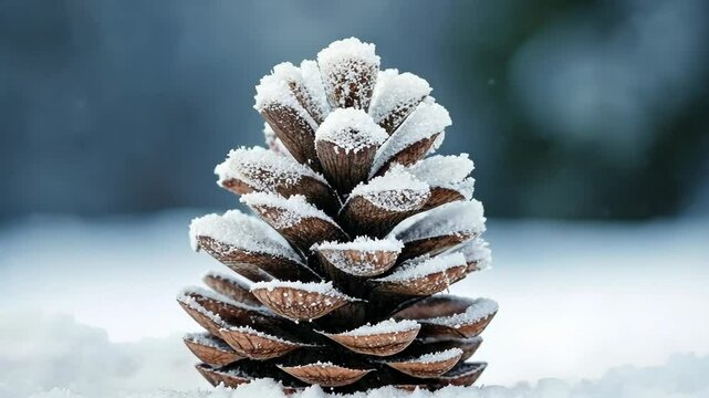 Snowcovered pinecone in winter wonderland with falling snowflakes