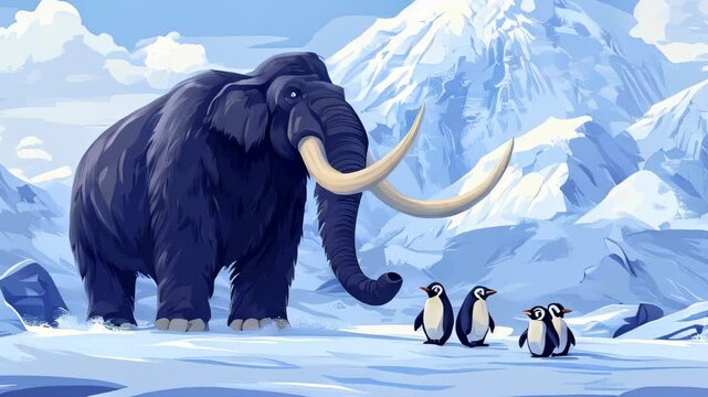 video Cartoon mammoth against the background of snowy mountains, extinct animals  