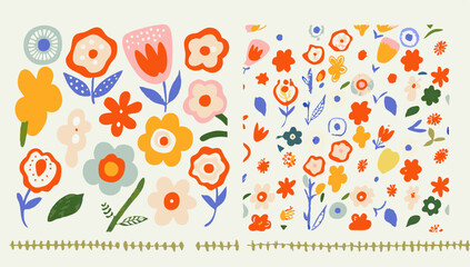 set of colorful vintage flower art seamless patter.eps