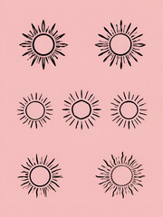Sun logo design templates. Vector set of linear boho icon and symbols. Minimalistic line art design elements for decorating, social network, and poster. Abstract collection isolated on pink background
