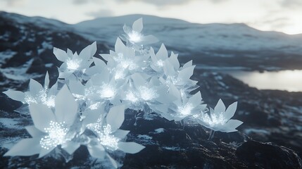 Obraz premium A cluster of glowing white blossoms on a rocky outcrop.