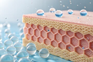 Hydration spheres penetrate human skin with honeycomb structure, showing moisturizing effects on light blue background