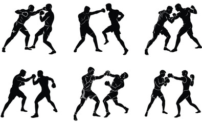 Boxer Fighting Pose Silhouette Vector Set – Combat Stance, Athletic Duel, Boxing Action

