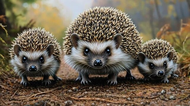 Three adorable hedgehogs wander along a forest path covered with leaves, showcasing their spiky fur in an autumn setting