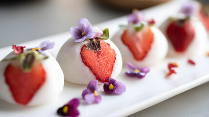 Delicate Ichigo Daifuku with Fresh Strawberries and Edible Flowers on a White Platter