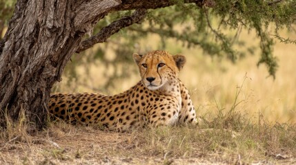Obraz premium Cheetah Resting Under Acacia Tree Shade in Savannah