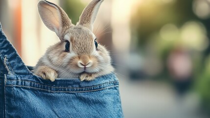 Obraz premium Cute baby rabbit peeking from denim pocket close-up urban streetwear concept animal photography image