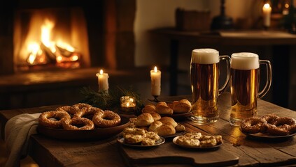 Cozy Evening by the Fireplace: Beer, Pretzels, and Warmth