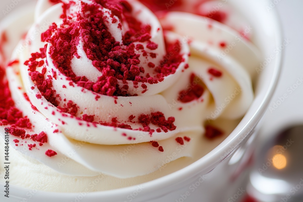 Poster close-up of a bowl of creamy dessert, swirled and topped with vibrant red sprinkles. the texture and