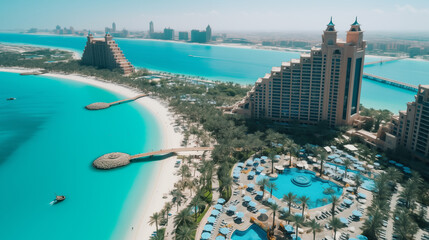 Obraz premium Modern Skyline of Dubai Marina with Turquoise Waters – Aerial View of Skyscrapers and Urban Landscape