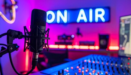Modern podcasting studio with neon sign 'ON AIR', vibrant background, microphones and audio mixers in focus, trendy Gen Z style
