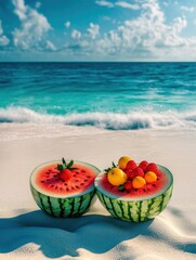 Delicious tropical fruits nestled in a watermelon on a sandy beach with ocean waves and blue skies creating a beautiful summer atmosphere