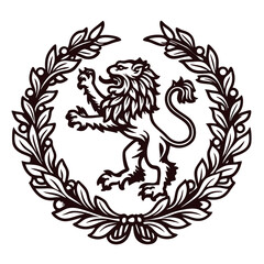 Majestic lion emblem centered in laurel wreath design.