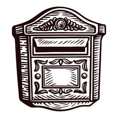 Vintage mailbox with ornate design elements in black and white.