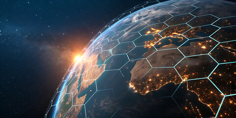 An illustration of Earth from space emphasizing the global network of communication, travel, and connections. 3D rendering.