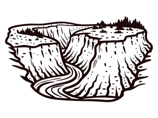 of grand canyon cliffs with river and pine trees.