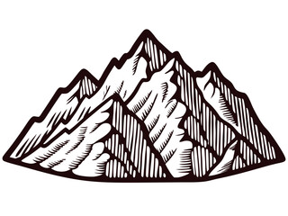 Illustrated mountain range with snow capped peaks in black and white.