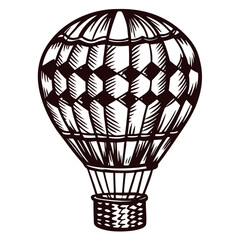Vintage hot air balloon sketch with intricate patterns in black and white.