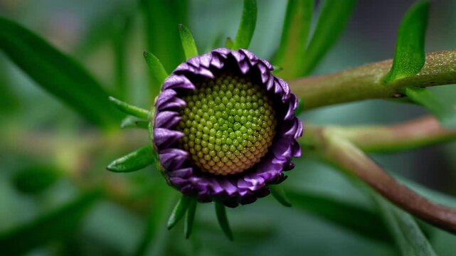 Unique purple aster bud, fresh, representing anticipation and potential, against green leaves