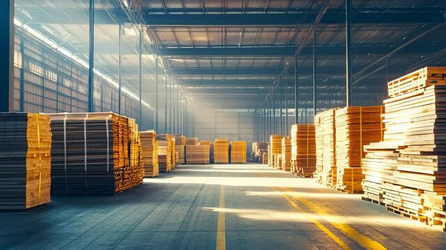 Warehouse with stacked wooden boards and chipboard