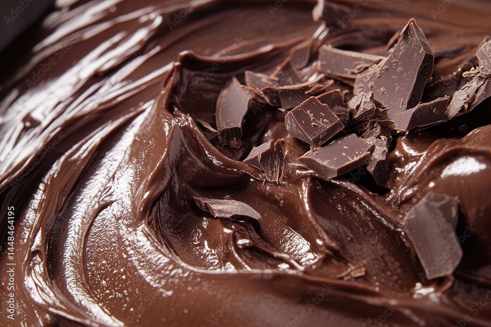 Poster indulge in decadent delight with smooth chocolate spread adorned with rich chocolate chunks, a visua
