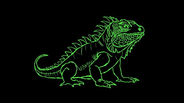 Animated Hand Drawn Green Iguana Sketch with Stop Motion on Black Background