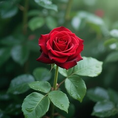 Red rose in full bloom, vibrant crimson petals, soft focus background, lush green leaves